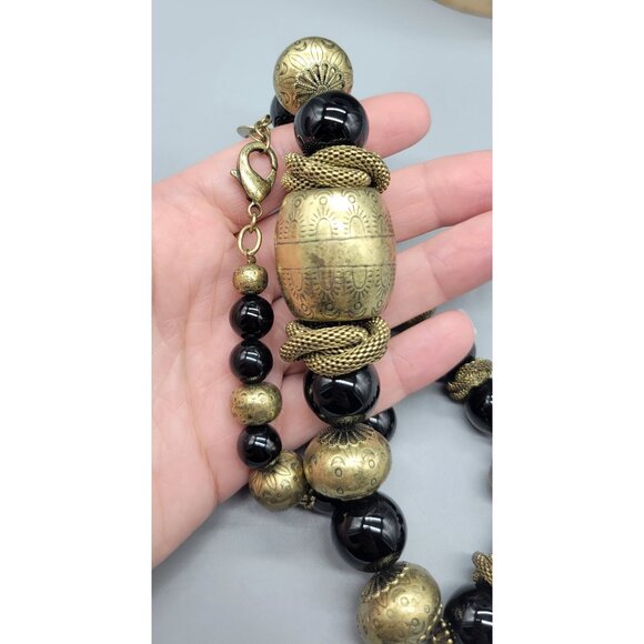 Coldwater Creek Bulky Black Gold Tone Round Beaded Statement Necklace N1E - Picture 2 of 5